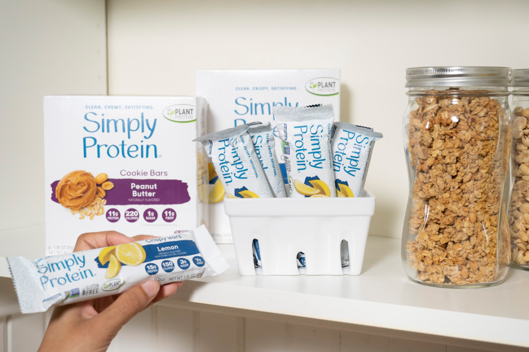 SimnplyProtein baked bars and snacks in a pantry