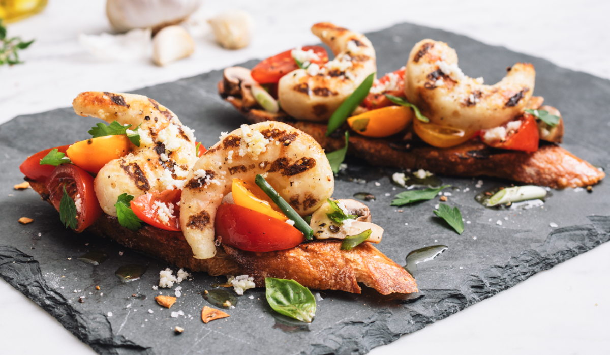 New Wave Foods plant-based shrimp bruschetta