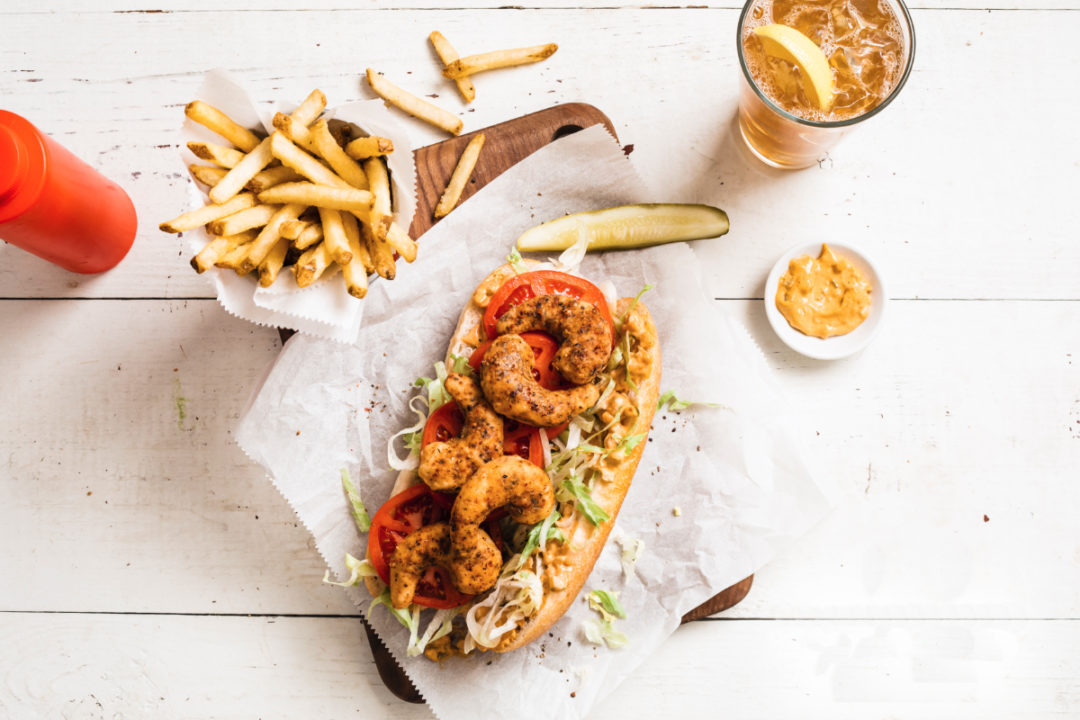 New Wave Foods plant-based shrimp Po Boy sandwich