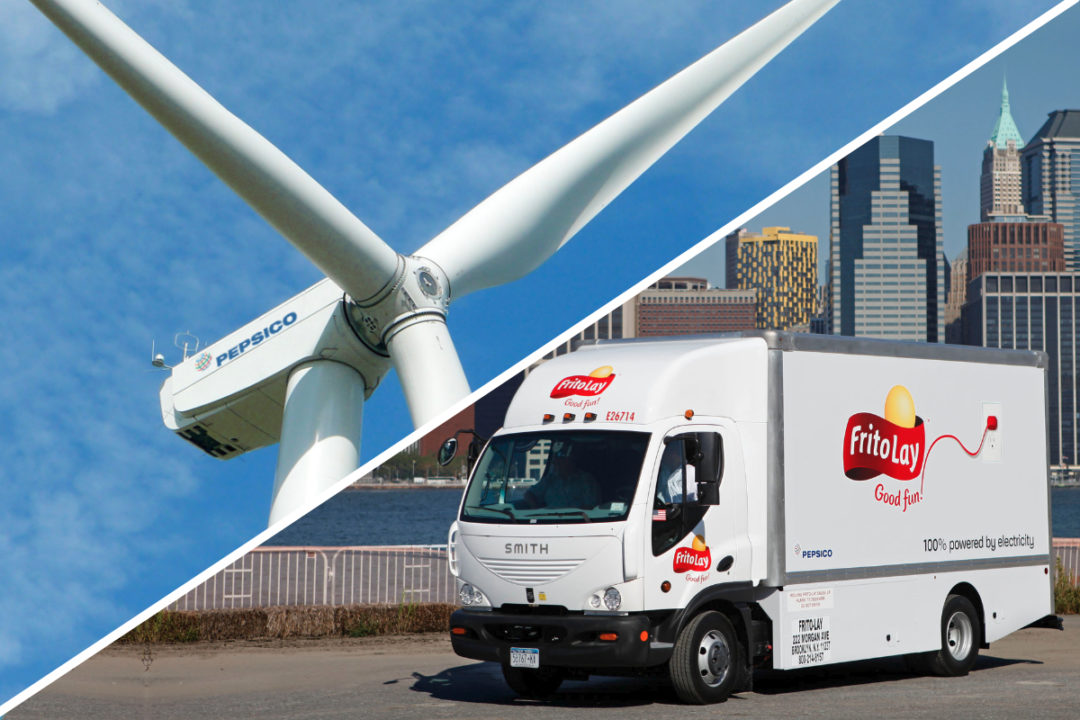 PepsiCo wind power windmill and Frito-Lay electric fleet vehicle