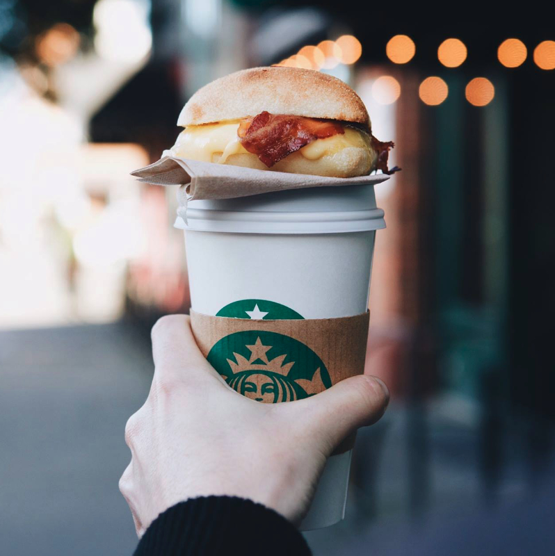 Starbucks breakfast sandwich and coffee