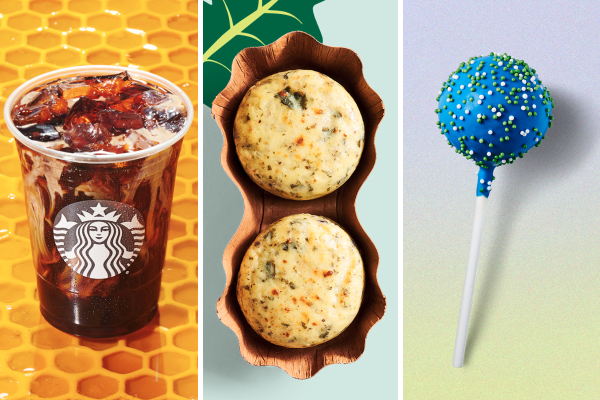 Starbucks Honey Almondmilk Cold Brew, Kale and Portabella Mushroom Sous Vide Egg Bites and Earth Cake Pop