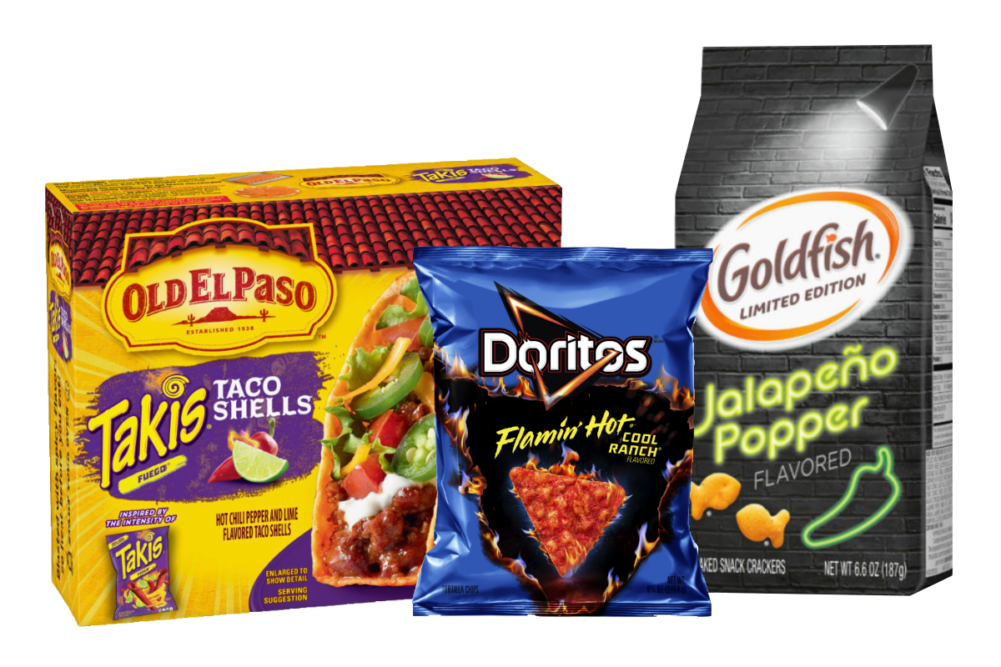 Jalapeño Popper Goldfish crackers, Doritos Flamin’ Hot Cool Ranch chips and Old El Paso Takis taco shells