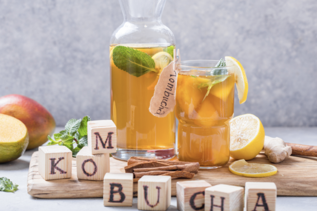 Healthy tea kombucha with lemon and cinnamon