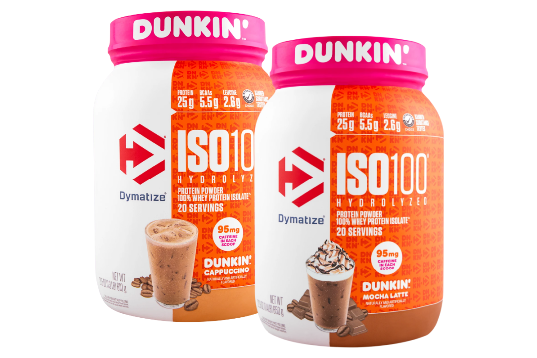 ISO100 protein powders in cappuccino and mocha latte flavors from Dymatize