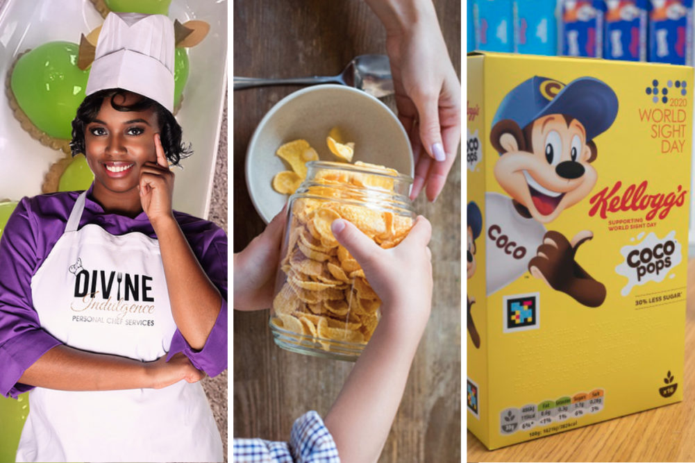 Kellogg Black chef program, fiber-rich snack and cereal box for the sight impaired