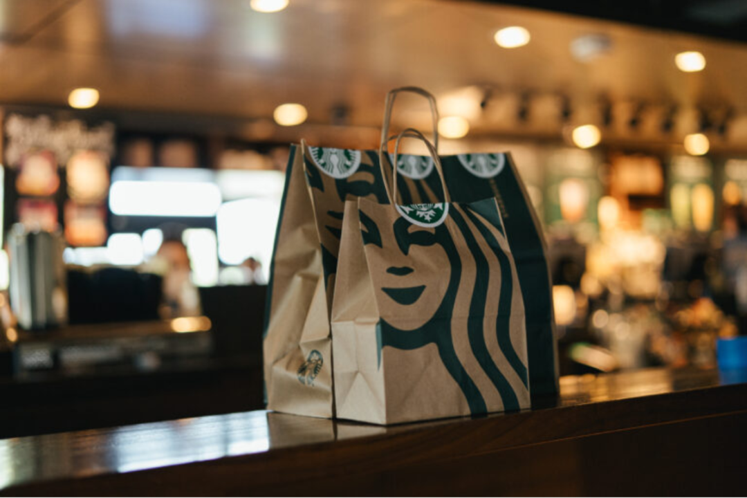 Starbucks to bags on counter