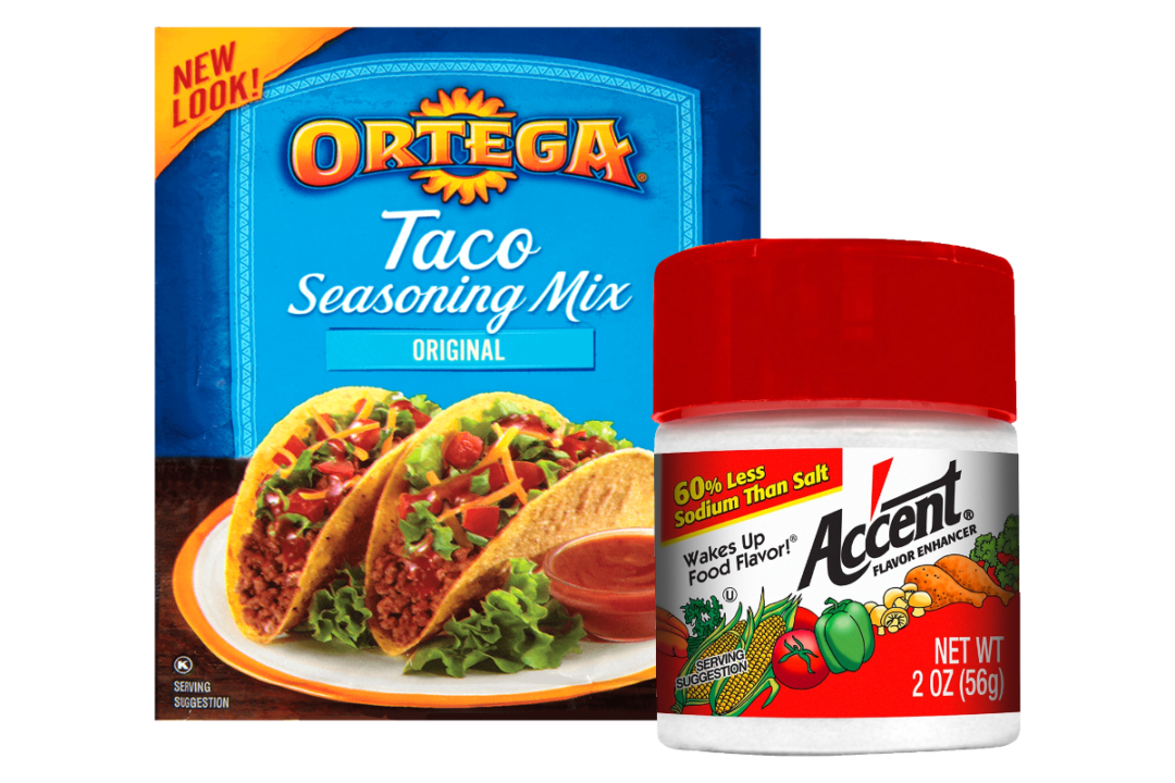 Ortega taco seasoning and Ac’cent flavor enhancer from B&G Foods
