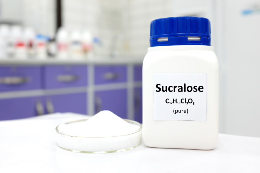 Bottle of pure sucralose artificial sweetener sugar substitute.