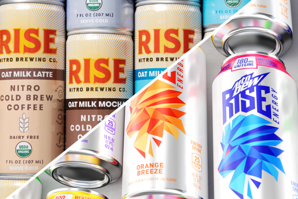 Rise Cold Brew cans and Mtn Dew Rise energy drink cans