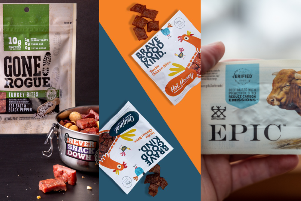 Gone Rogue Turkey Snacks from Land O'Frost, Tender Chicken Bars from Brave Good Kind and Epic beef bar from General Mills