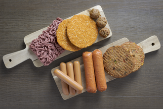 Flat lay of plant-based vegetarian meat products