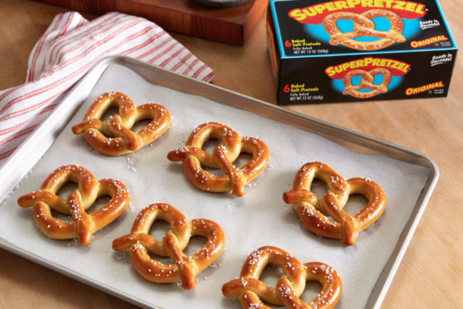 Super pretzels from J&J Snack Foods on a baking sheet