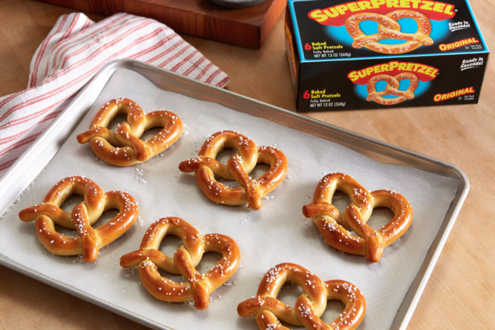 Super pretzels from J&J Snack Foods on a baking sheet