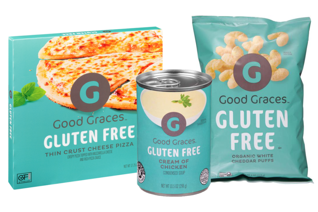 Variety of gluten-free Good Graces products from Hy-Vee on white background