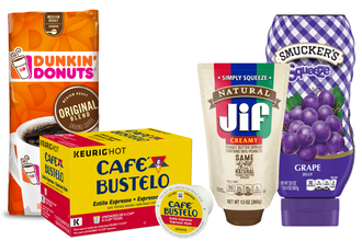 Dunkin and Café Bustelo coffee products, Jif peanut butter and Smucker's grape jelly