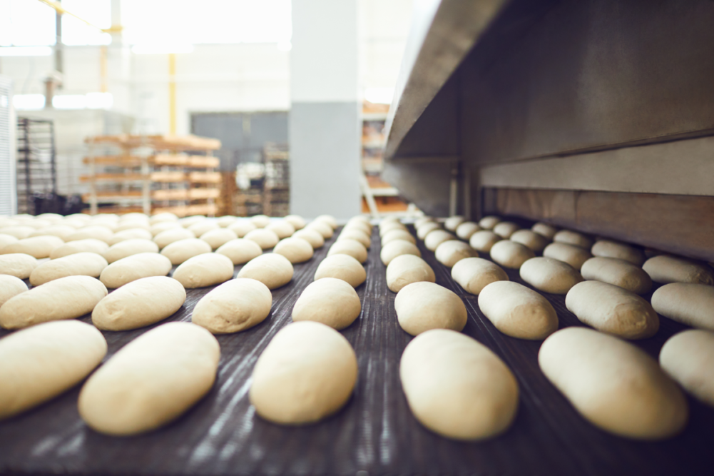 Automatic bakery production line with bread in bakery factory