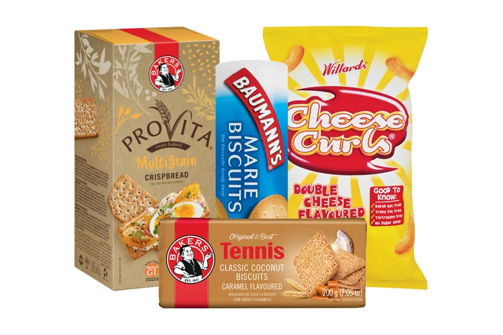 Variety of Bakers, Baumann's and Provita snacks from AVI Ltd.