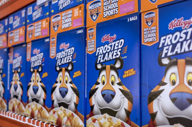 Kellog's Frosted Flakes on display at an aisle in a supermarket
