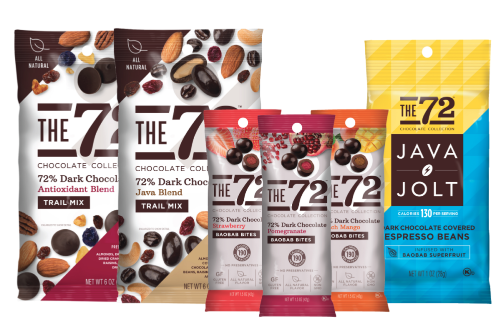 Variety of trail mixes, chocolate and fruit bites and a coffee-infused chocolate bar from The 72 Chocolate Collection