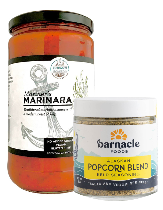 a tomato-based pasta sauce formulated with seaweed from Ocean’s Balance and a popcorn blend kelp seasoning from Barnacle Foods