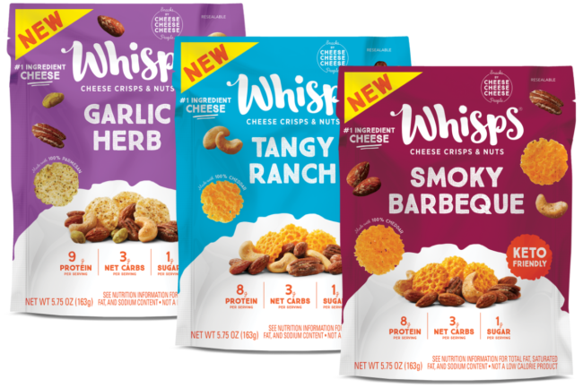 Whisps Cheese Crisps & Nuts pack in include tangy ranch, smoky barbecue and garlic herb varieties