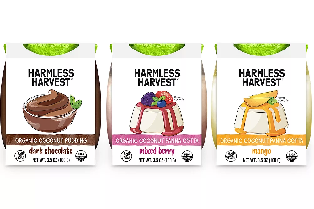three desserts made with coconut meat from Harmless Harvest