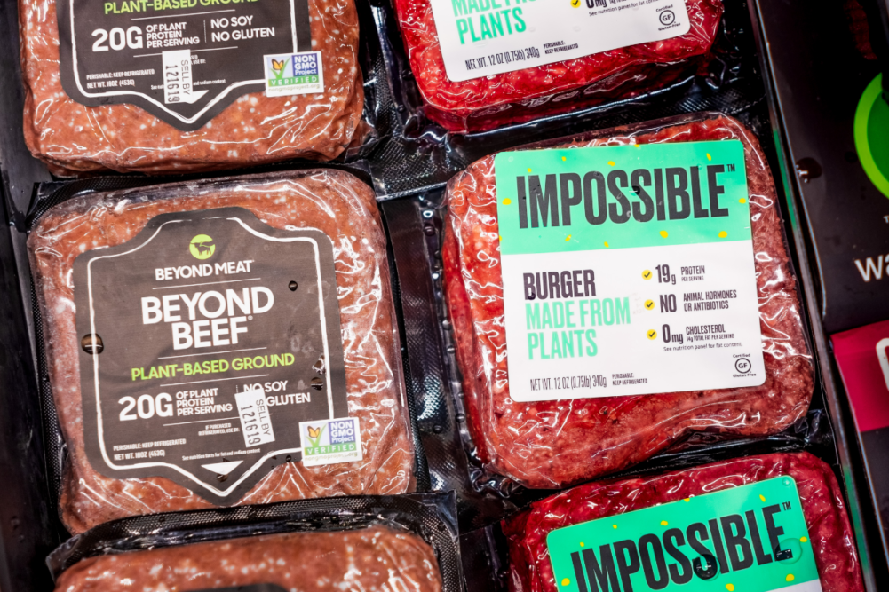  Impossible burger and Beyond Beef packages sold next to each other in a Gelson's Markets store