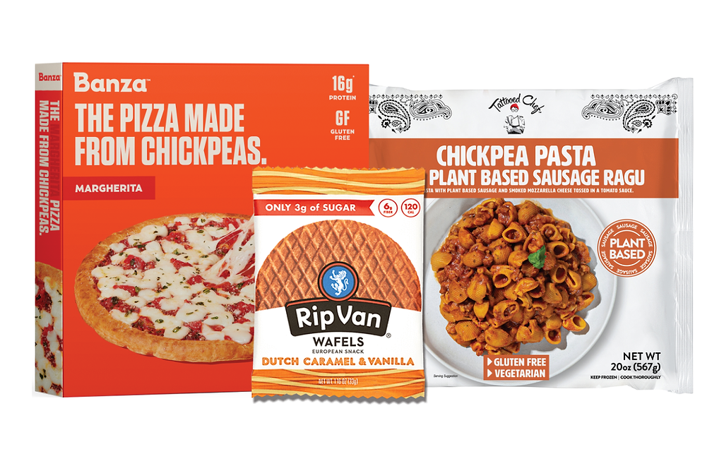 Chickpea-based frozen pizza from Banza, wafel cookies from Rip Van Inc. and chickpea pasta from Tattooed Chef