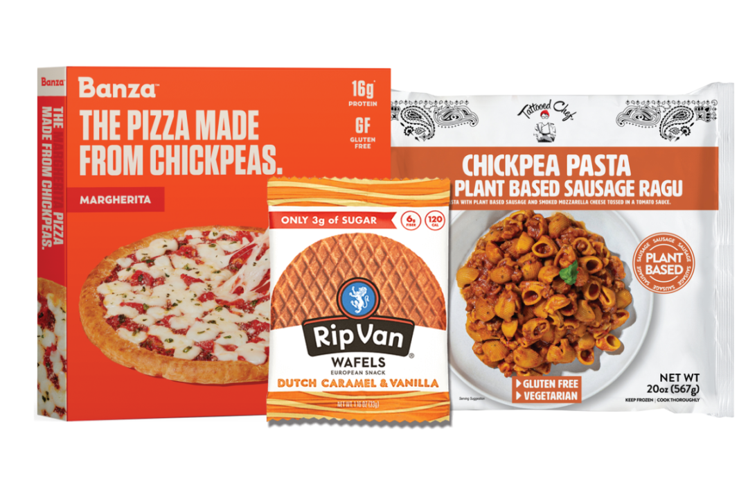 Chickpea-based frozen pizza from Banza, wafel cookies from Rip Van Inc. and chickpea pasta from Tattooed Chef