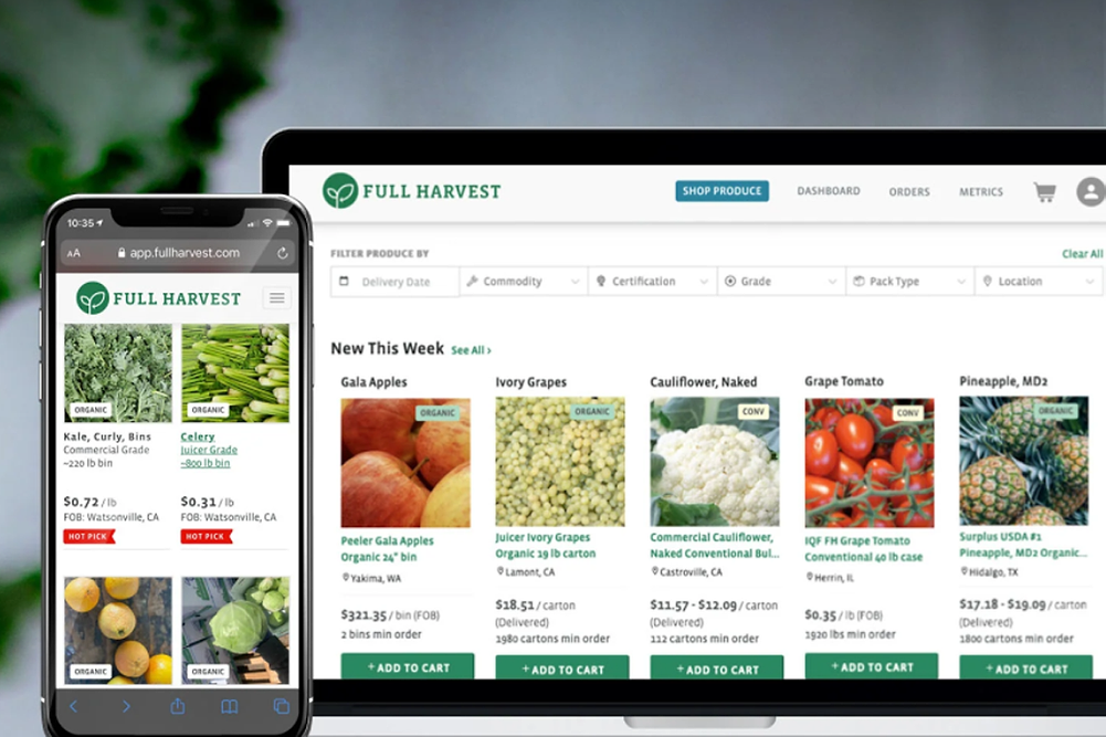 Smartphone and laptop screens displaying Full Harvest's website 