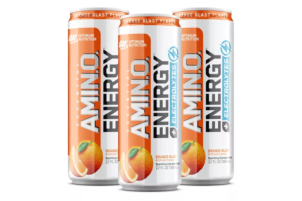 Orange Blast flavored AMINO.O. Energy + Electrolytes sparkling hydration drink 