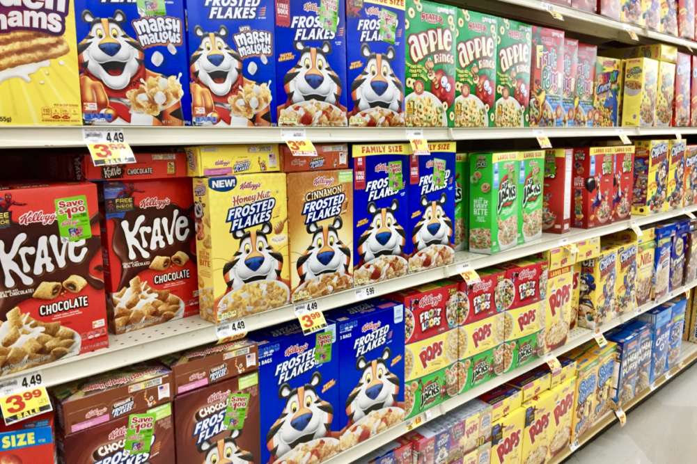 Cereal aisle at an American grocery store