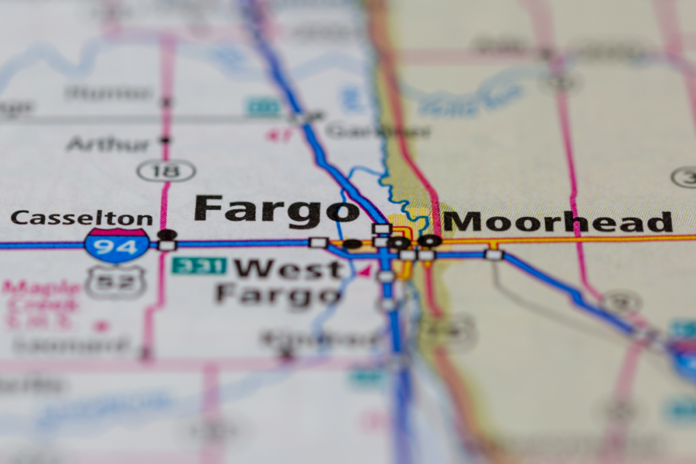 Fargo North Dakota USA shown of a Road map or Geography map