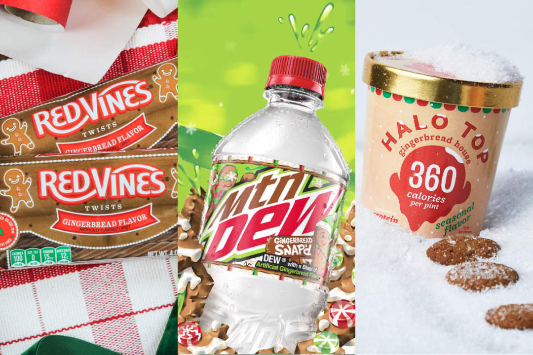 Gingerbread-flavored Red Vines Twists from American Licorice Co., gingerbread-flavored Mtn Dew soda from PepsiCo Inc., and gingerbread-flavored ice cream from Halo Top