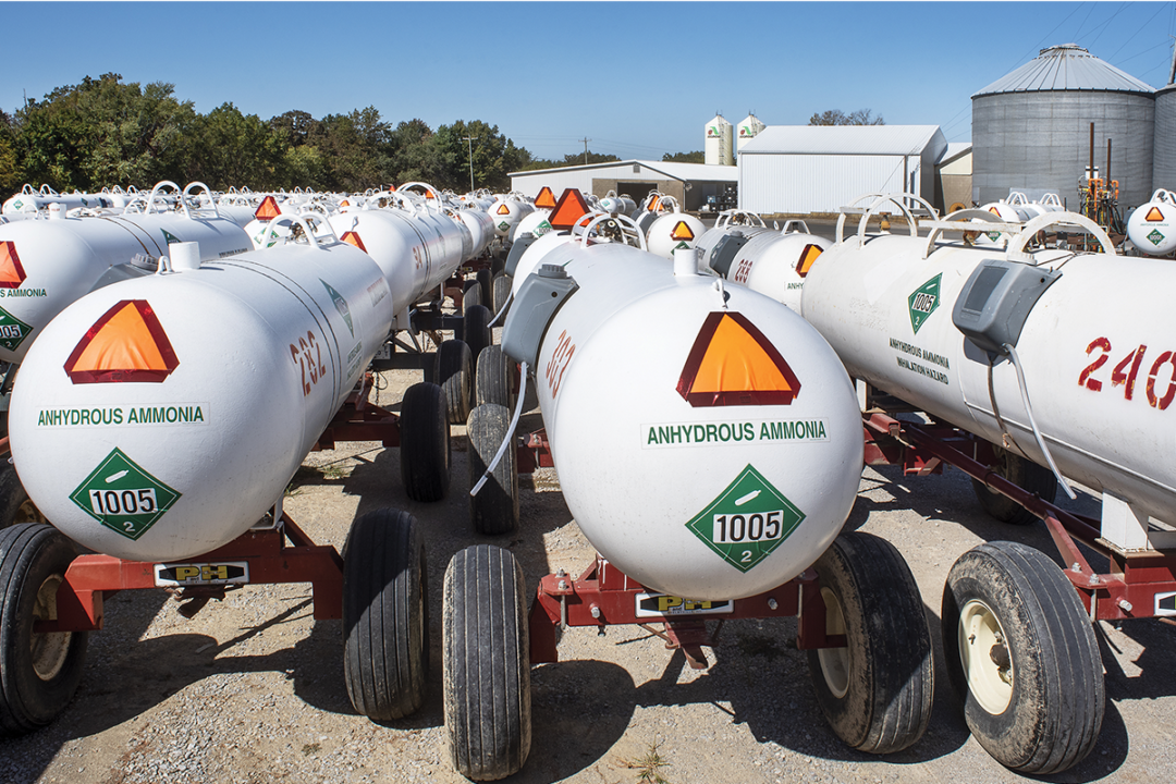 Rows of tanks filled with anhydrous ammonia
