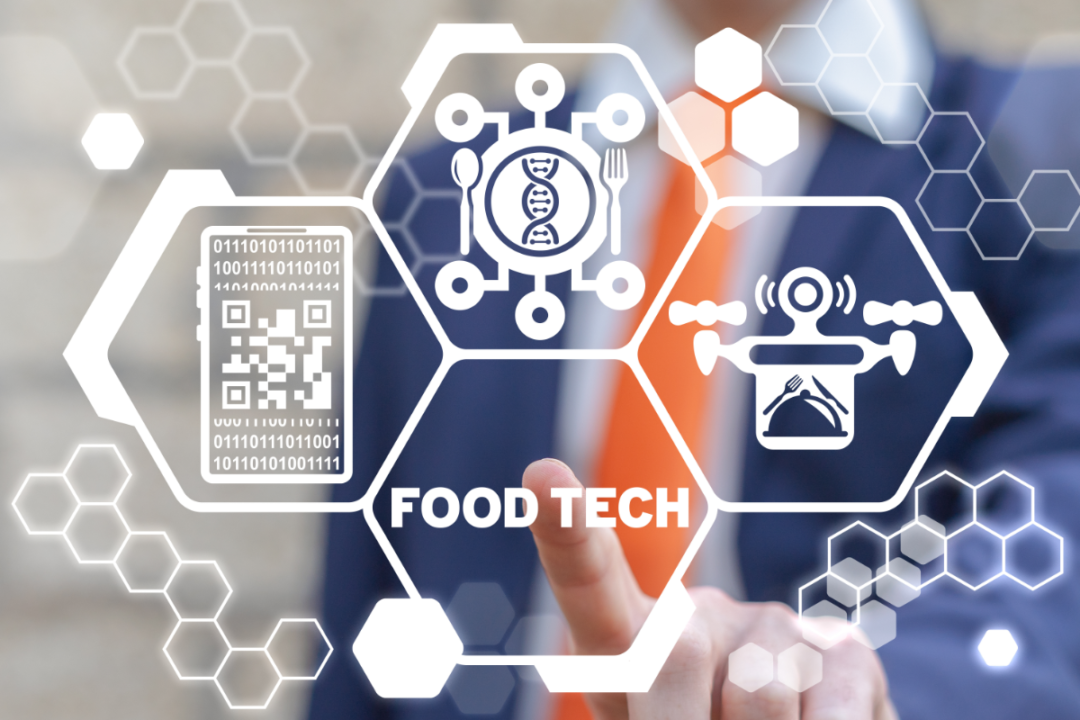 Food technology concept, touch screen with food tech button