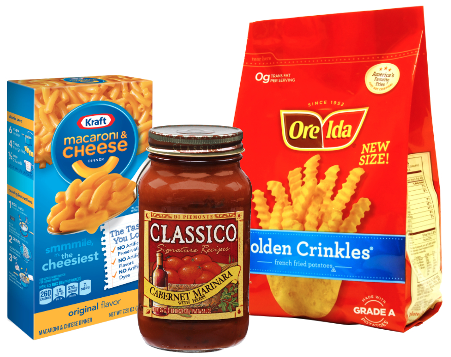 Kraft macaroni, Ore-Ida fries and Clasico pasta sauce