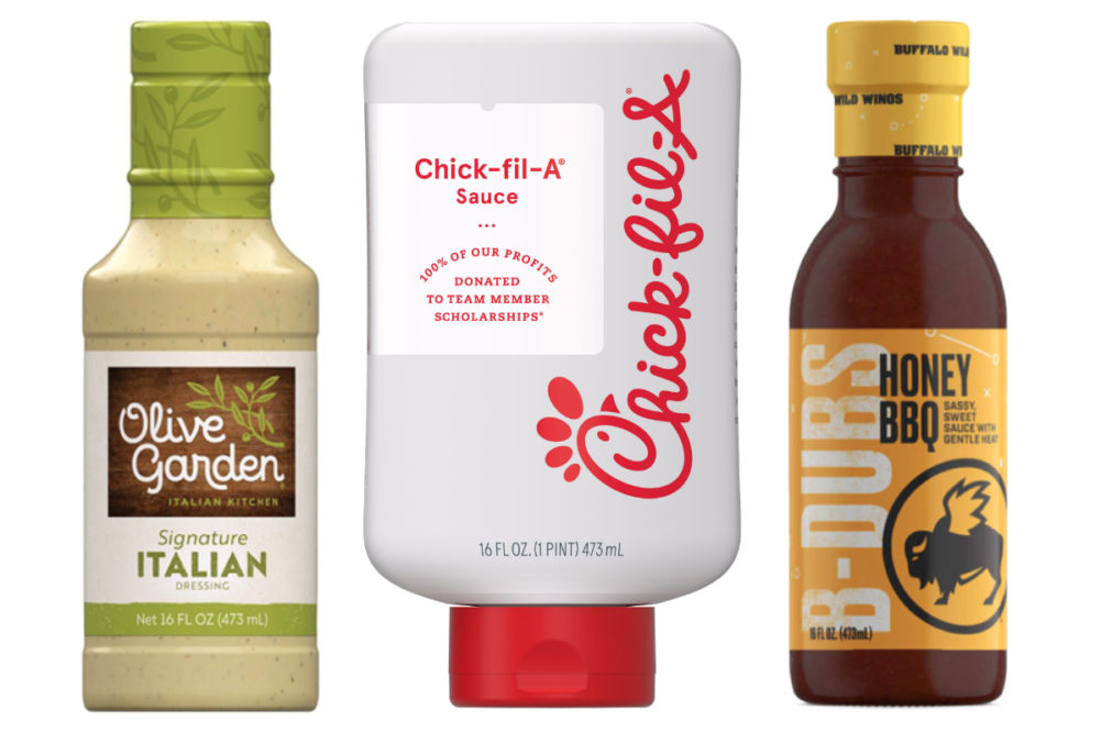 Olive Garden dressing, Chick-fil-A sauce and Buffalo Wild Wing sauce