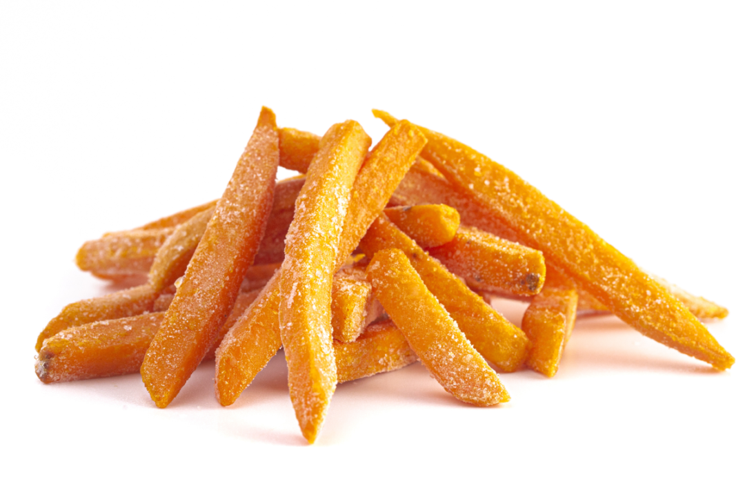 Frozen sweet potato french fries isolated on white background
