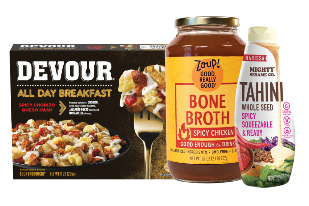 Devour’s spicy chorizo queso hash, Zoup's spicy chicken bone broth and harissa-flavored tahini from The Mighty Sesame Co.