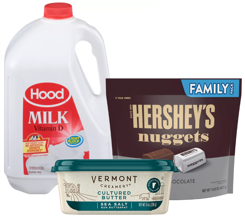 HP Hood milk, Hershey family size pack, and Vermont Creamery butter