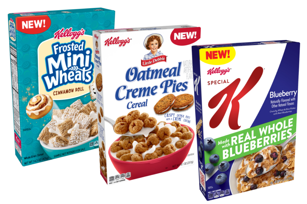 Mini-Wheats Cinnamon Roll, Little Debbie Oatmeal Creme Pie and Special K Blueberries cereals from Kellogg Co.
