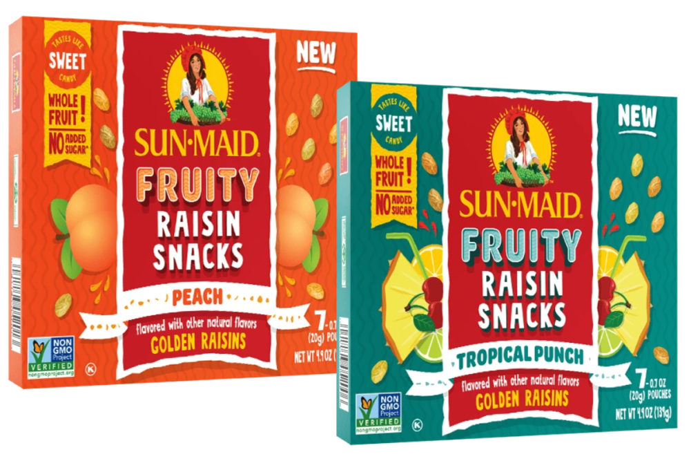 Sun-Maid Growers of California peach and tropical punch fruity raisin snacks