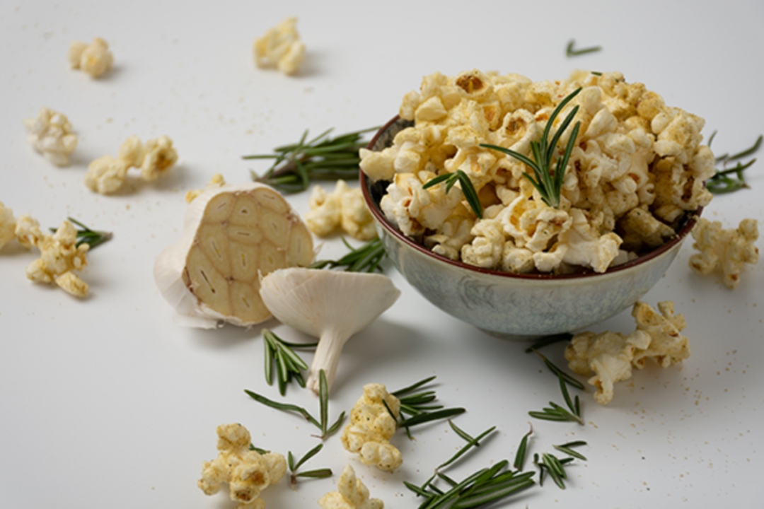 Popcorn seasoned with garlicky rosemary jane popcorn seasoning from Fuchs North America