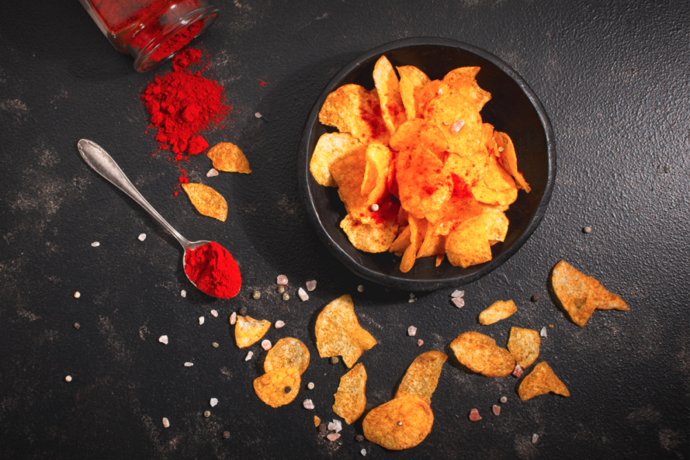 Bowl filled with spicy potato chips