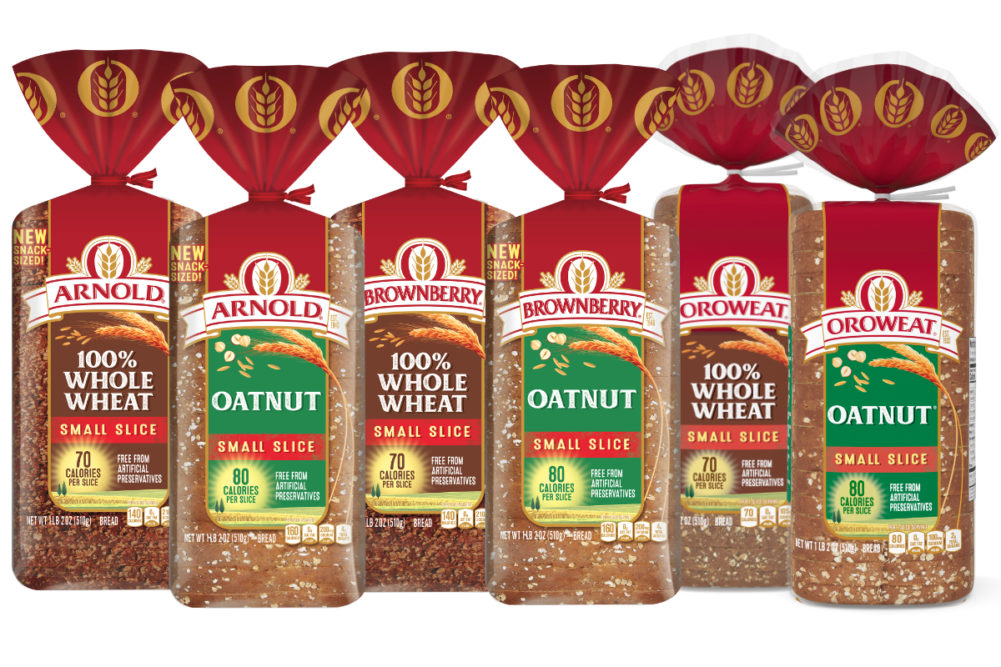 Arnold, Brownberry and Oroweat Small Slice Oatnut and 100% Whole Wheat bread