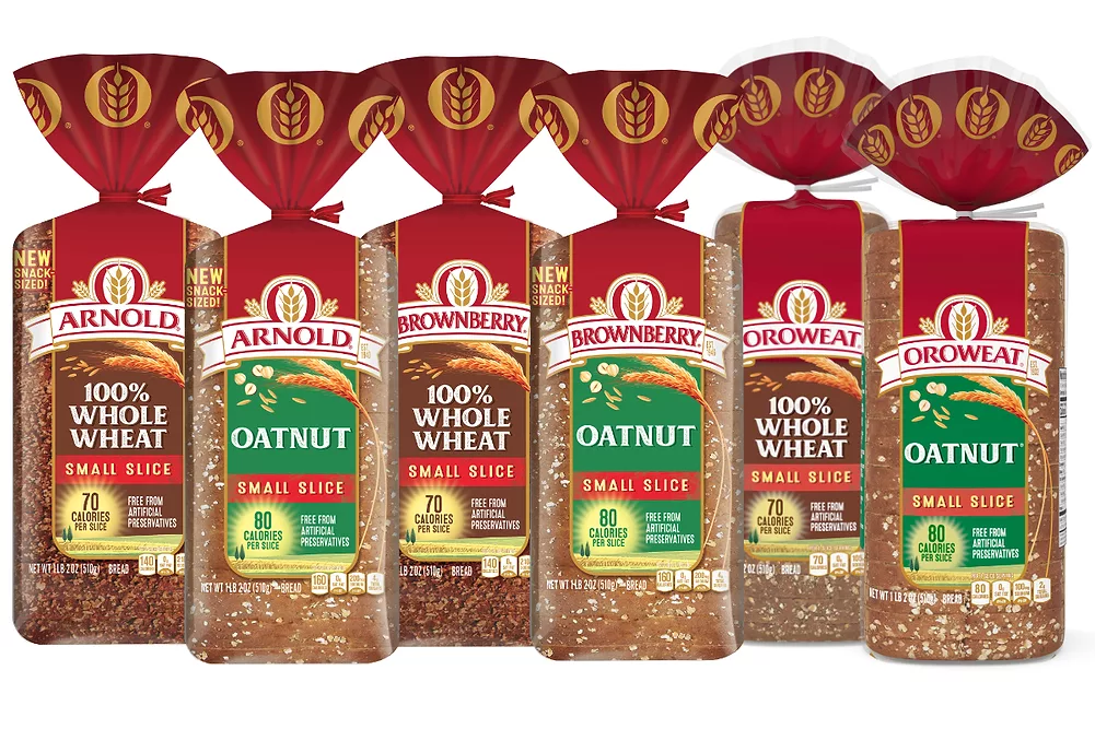 Arnold, Brownberry and Oroweat Small Slice Oatnut and 100% Whole Wheat bread