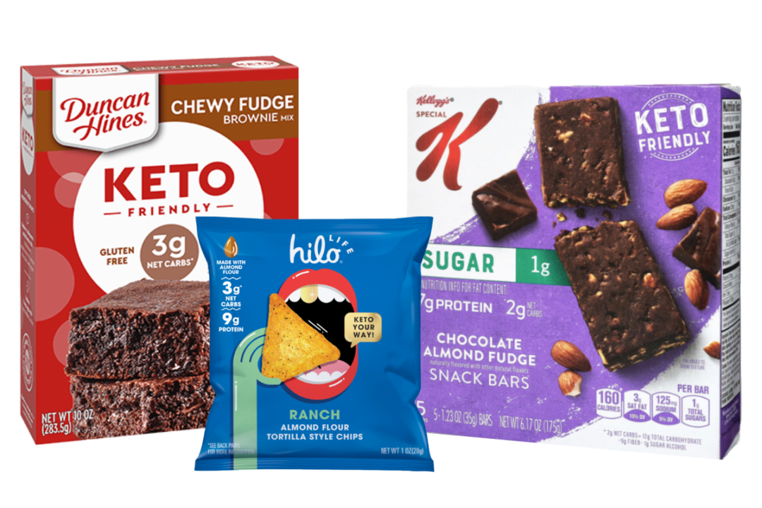 Duncan Hines keto-friendly brownie mix, HiliLife keto-friendly chips and Special K keto-friendly bars