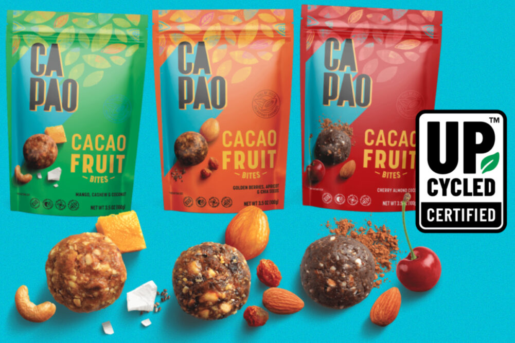 CaPao Cacaofruit Bites and upcycled certification mark